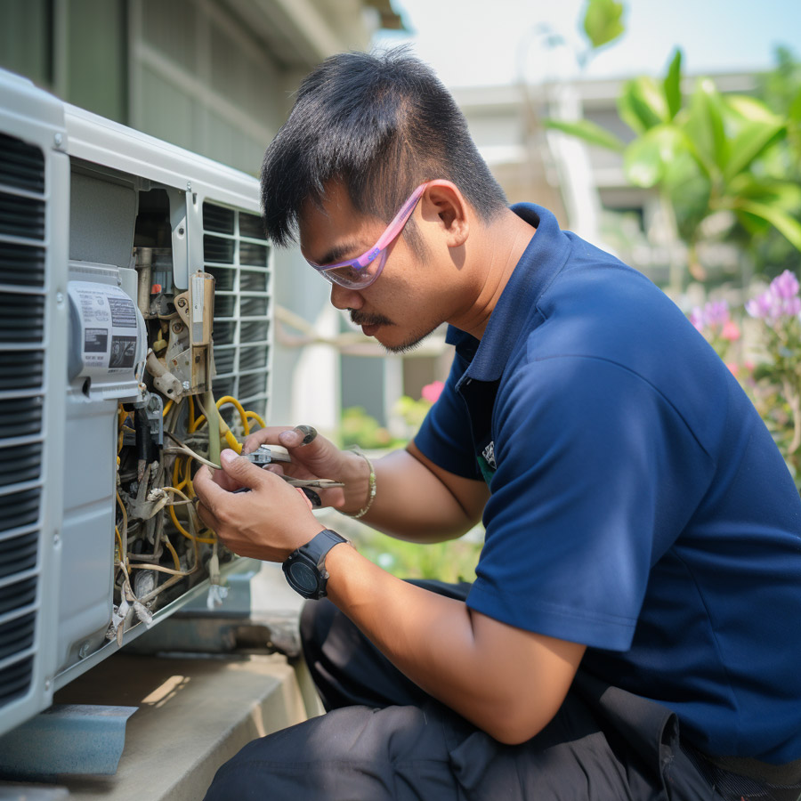 Technician performing annual AC maintenance